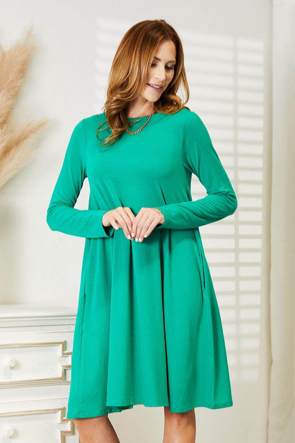 Zenana Full Size Long Sleeve Flare Dress with Pockets - Selvanelle