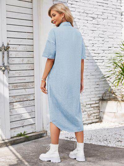 Button Up Dropped Shoulder Denim Dress for Casual Style - Selvanelle