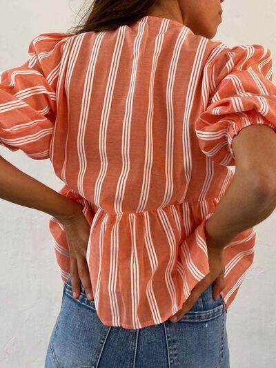 Tied Round Neck Balloon Sleeve Shirt for Stylish Look - Selvanelle