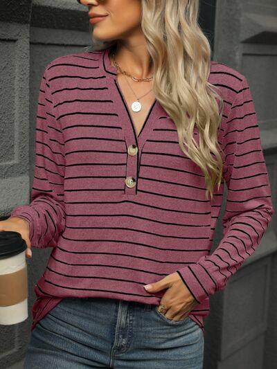 Striped Notched Long Sleeve T-Shirt for Casual Style - Selvanelle