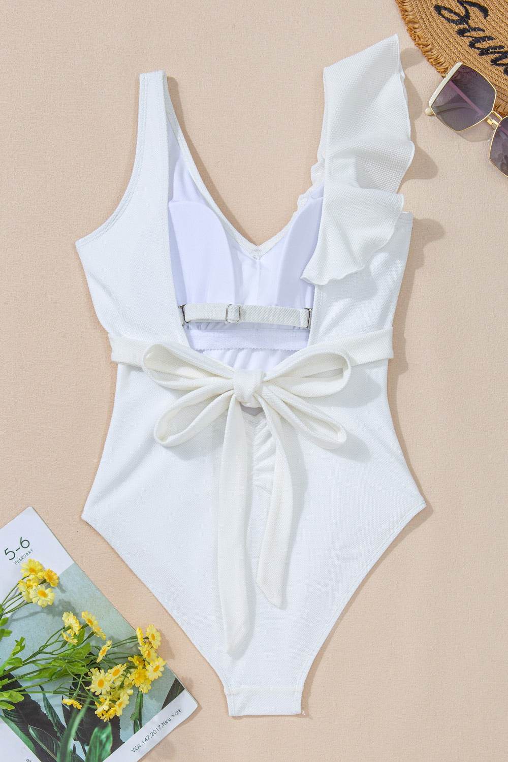 Ruffled V-Neck Wide Strap One-Piece Swimwear - Selvanelle