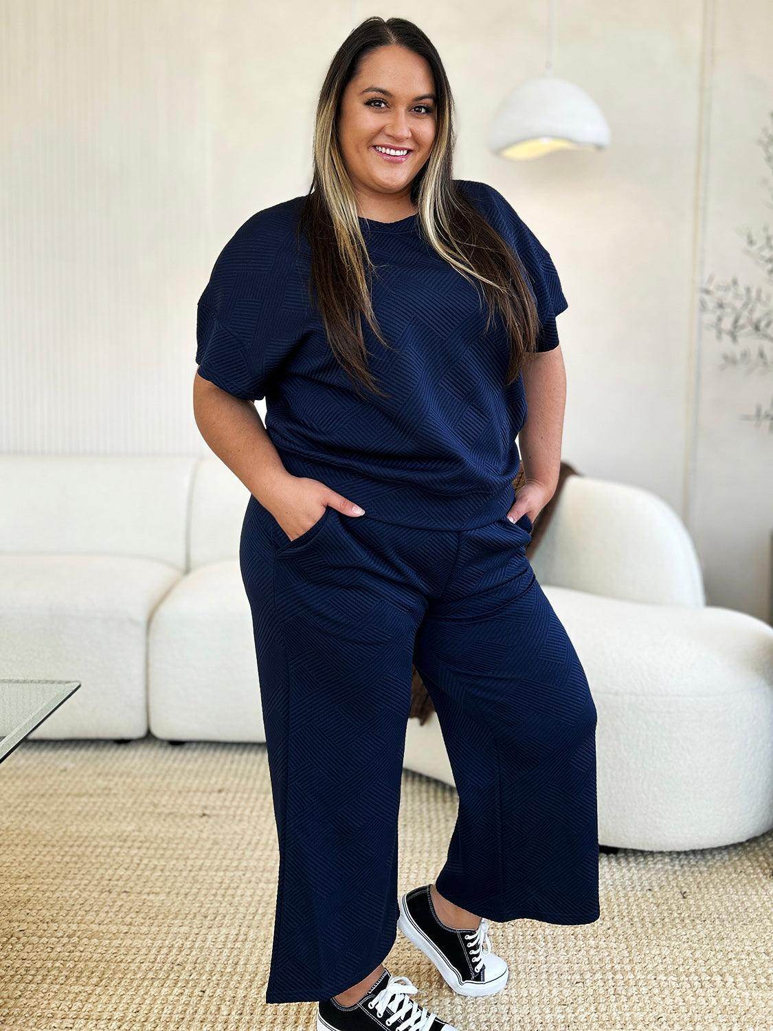 Double Take Full Size Texture Top and Pants Set for Women - Selvanelle