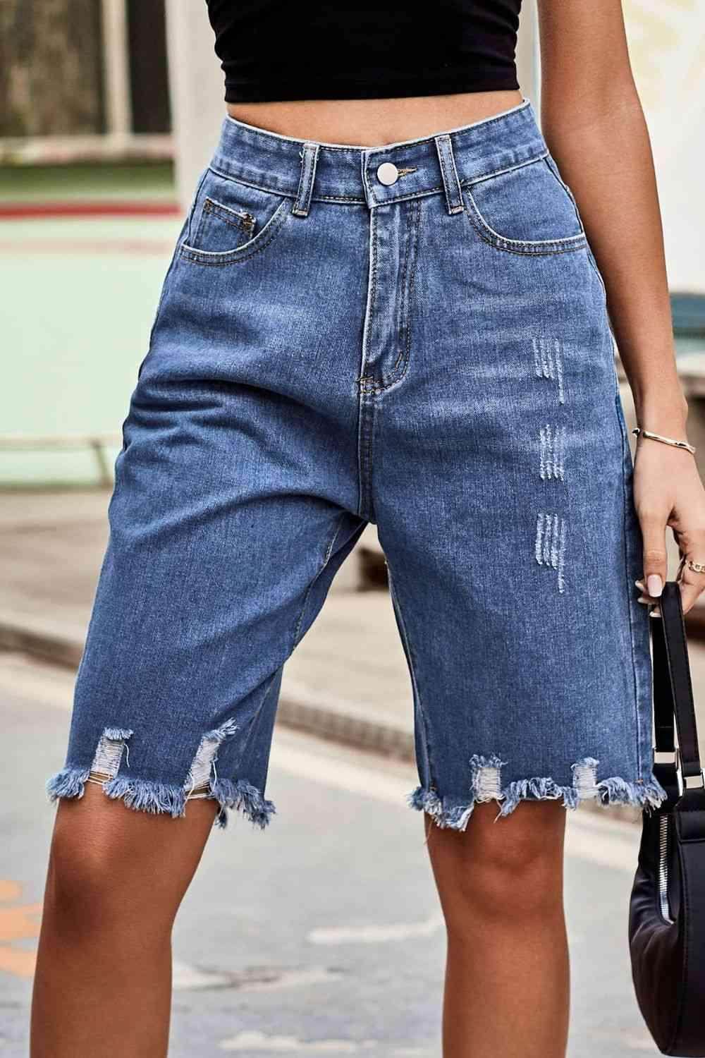 Raw Hem High Waist Denim Shorts with Pockets for Women - Selvanelle