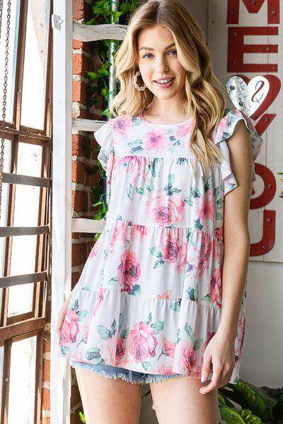 Heimish Full Size Butterfly Short Sleeve Floral Tiered Top - Selvanelle