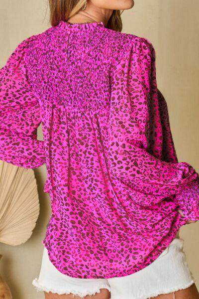 Ruched Leopard Mock Neck Long Sleeve Blouse for Women - Selvanelle