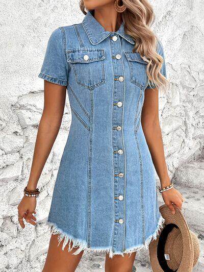 Raw Hem Button Up Short Sleeve Denim Dress for Women - Selvanelle