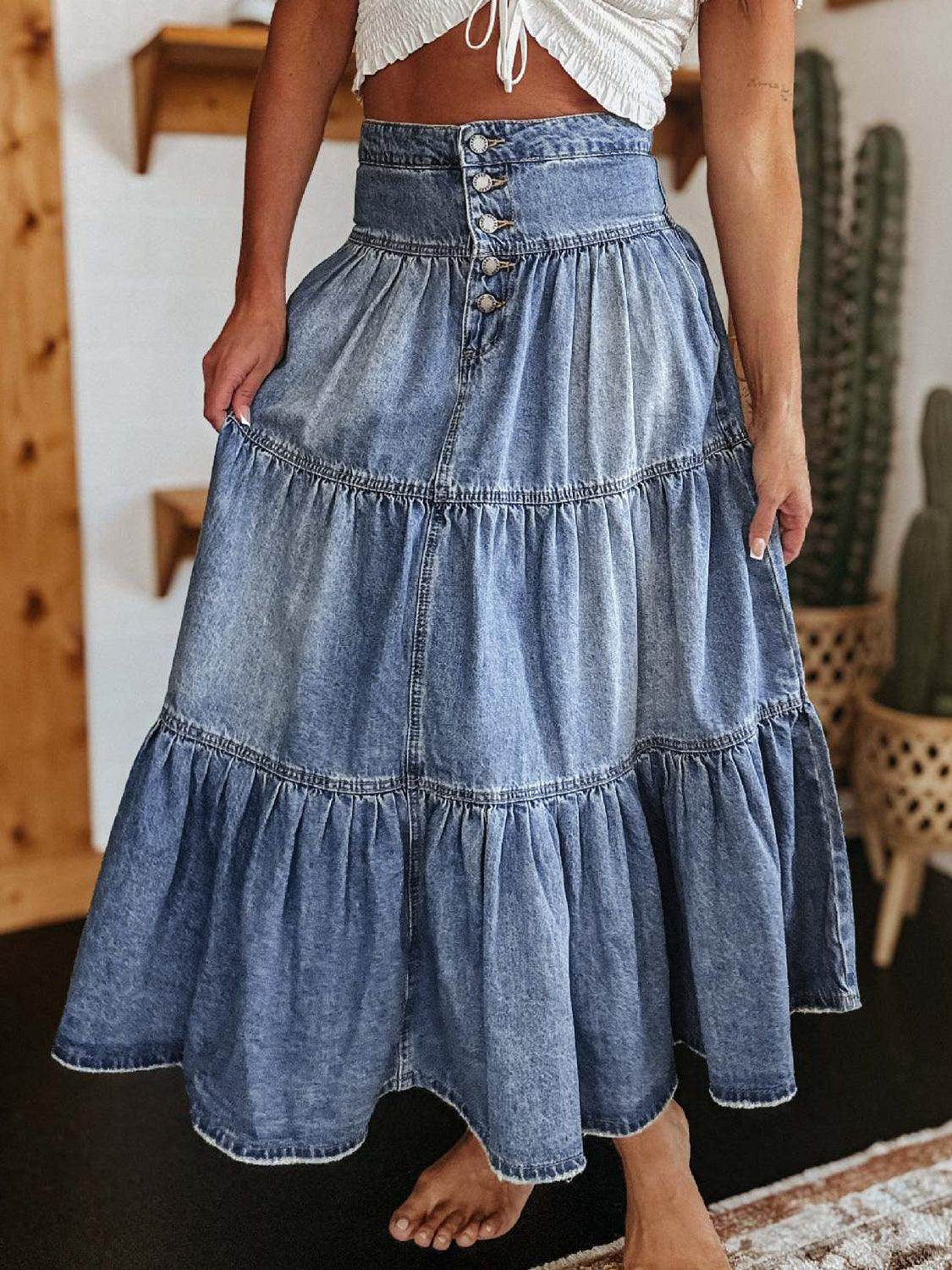 Tiered Button-Fly Denim Skirt for Effortless Style - Selvanelle