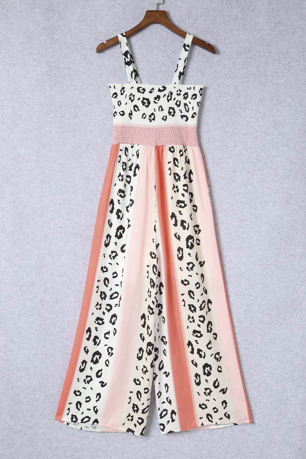 Leopard Color Block Smocked Jumpsuit - Selvanelle