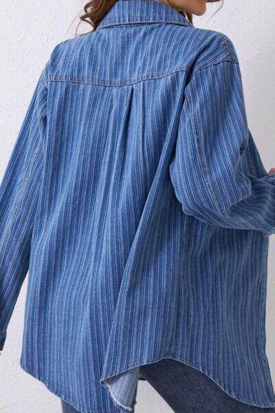 Striped Texture Collared Neck Denim Top for Effortless Style - Selvanelle
