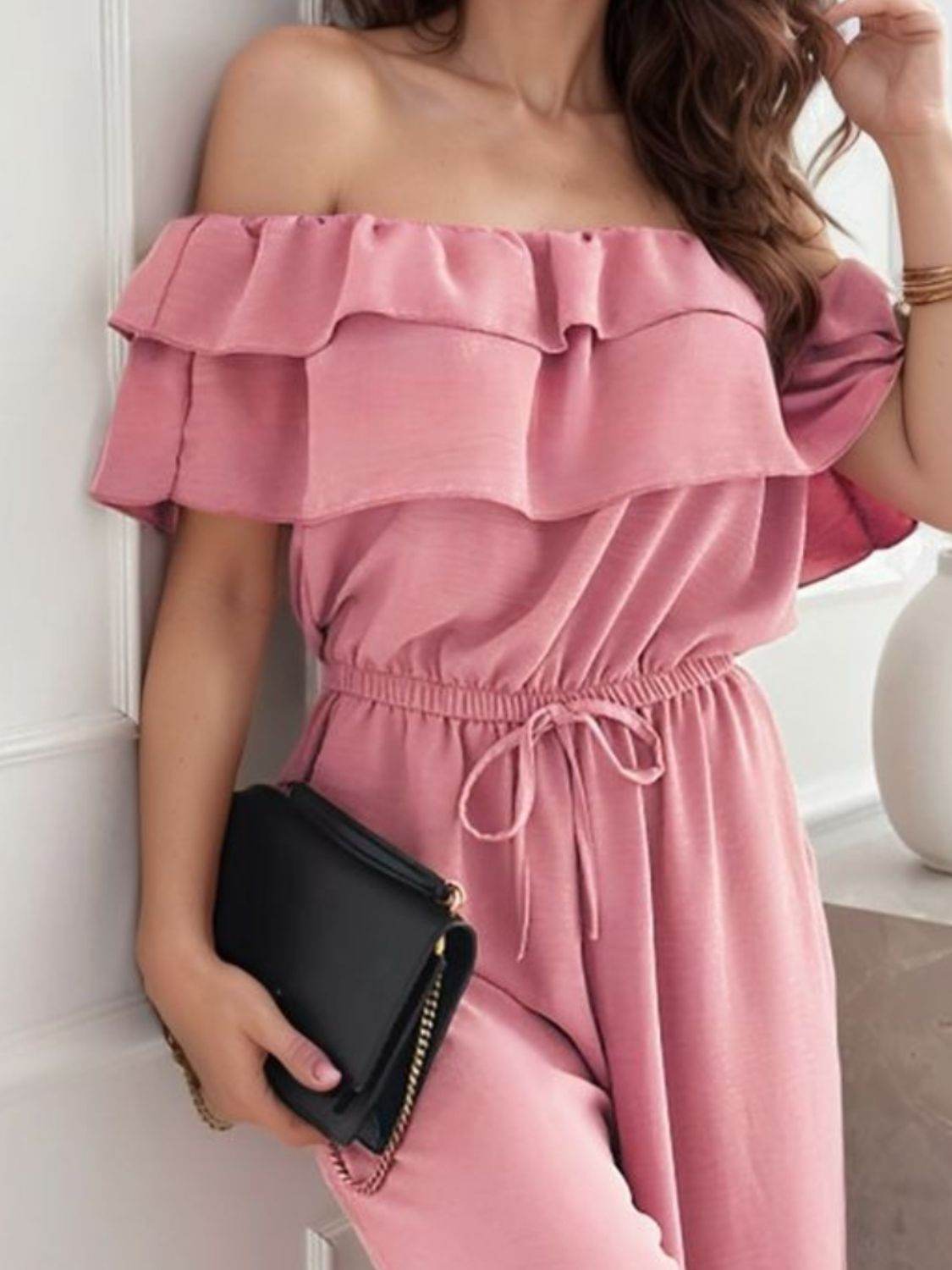 Ruffled Off Shoulder Wide Leg Jumpsuit - Selvanelle