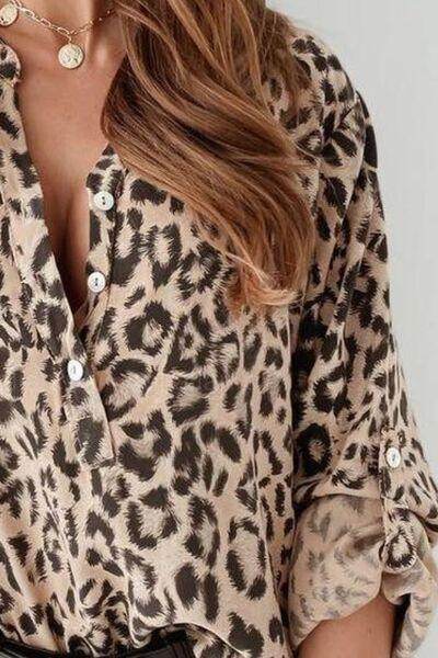 Leopard Button Detail Notched Long Sleeve Blouse for Women - Selvanelle
