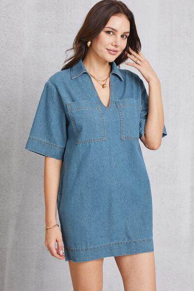 Stylish Pocketed Collared Neck Mini Denim Dress for Women - Selvanelle