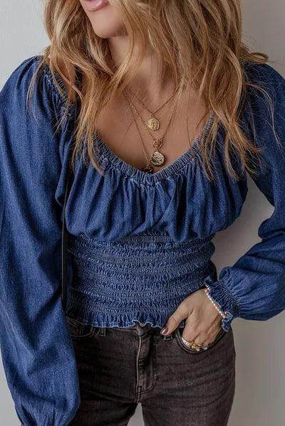 Smocked Long Sleeve Denim Top for Women Stylish Casual Wear - Selvanelle