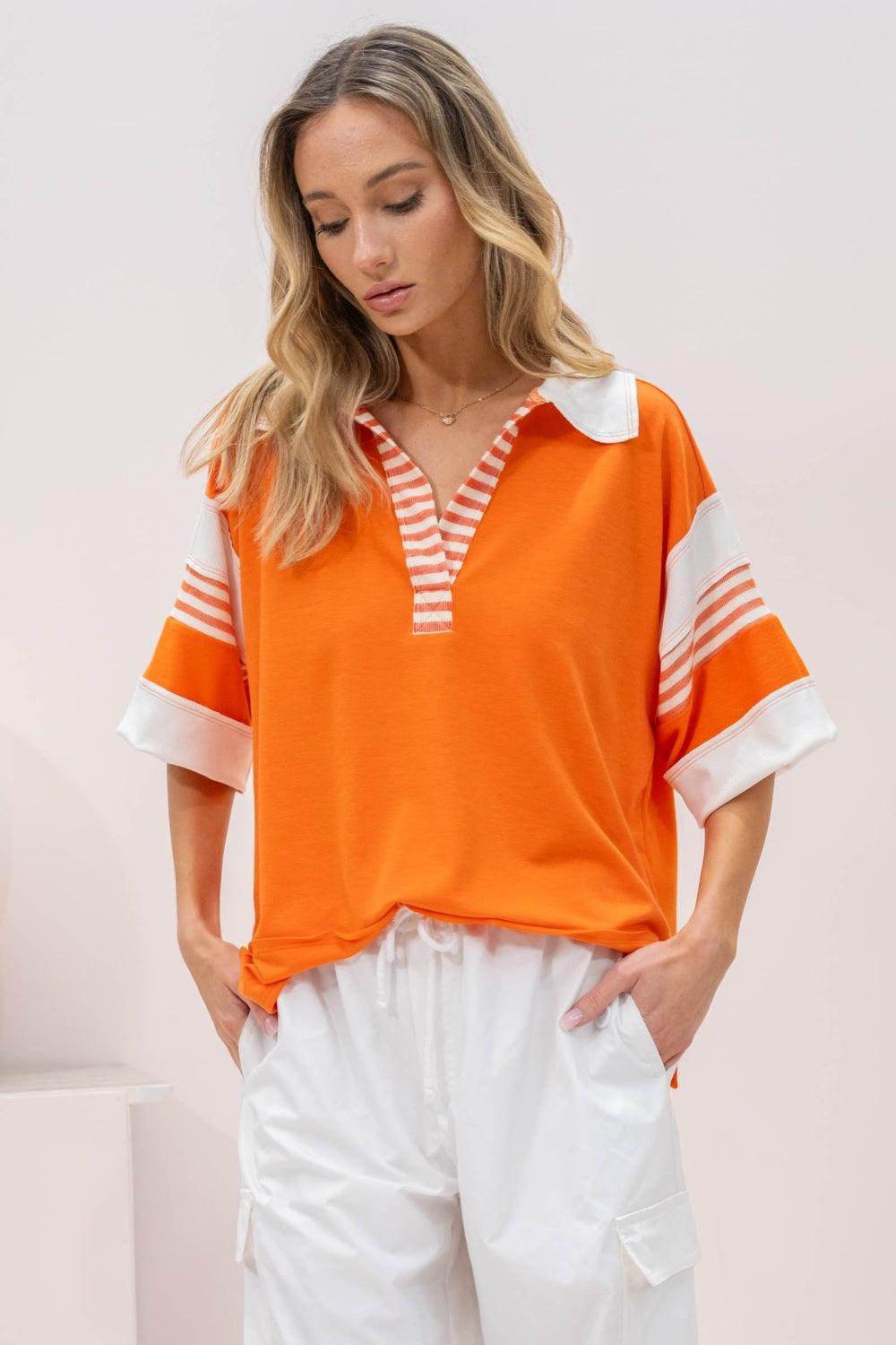 Hailey & Co Full Size Contrast Stripe Polo Shirt for Women - Selvanelle