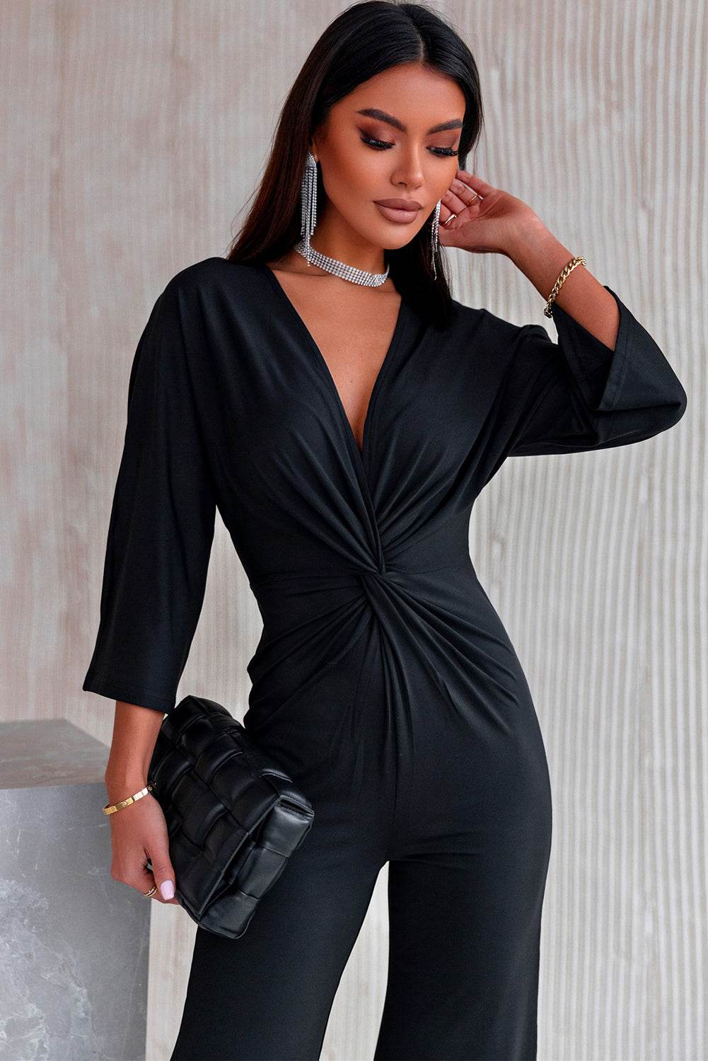 Twisted Plunge Three-Quarter Sleeve Jumpsuit - Selvanelle