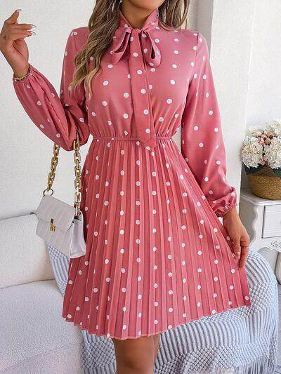 Polka Dot Tie Neck Pleated Dress for Stylish Occasions - Selvanelle