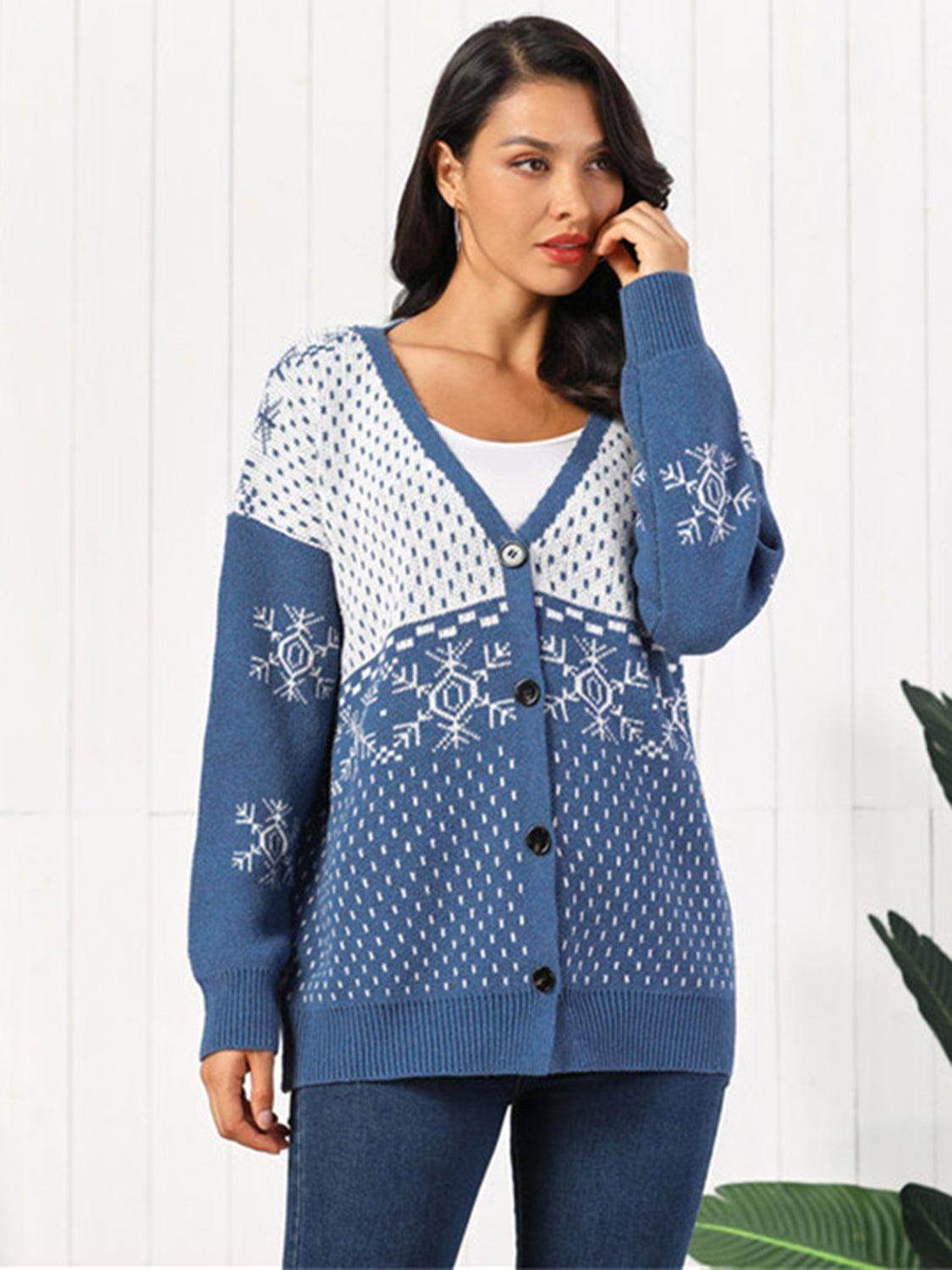 Snowflake Button Down Cardigan in Soft Stretchy Acrylic - Selvanelle