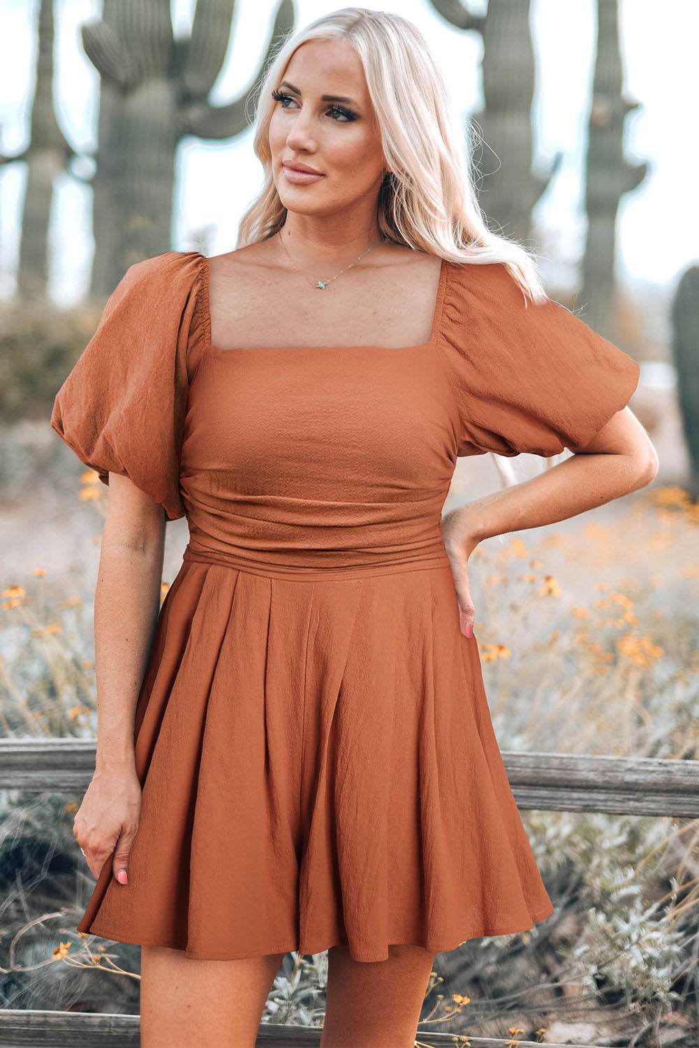 Square Neck Pleated Romper with Pockets - Selvanelle