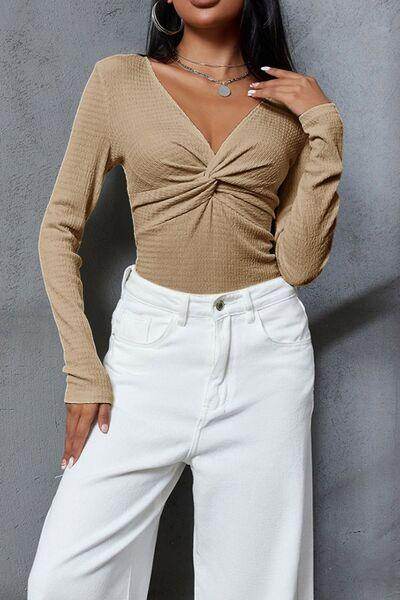 Twisted V-Neck Long Sleeve Blouse for Effortless Style - Selvanelle