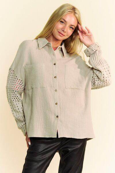 Davi & Dani Crochet Sleeve Crinkled Texture Shirt for Women - Selvanelle