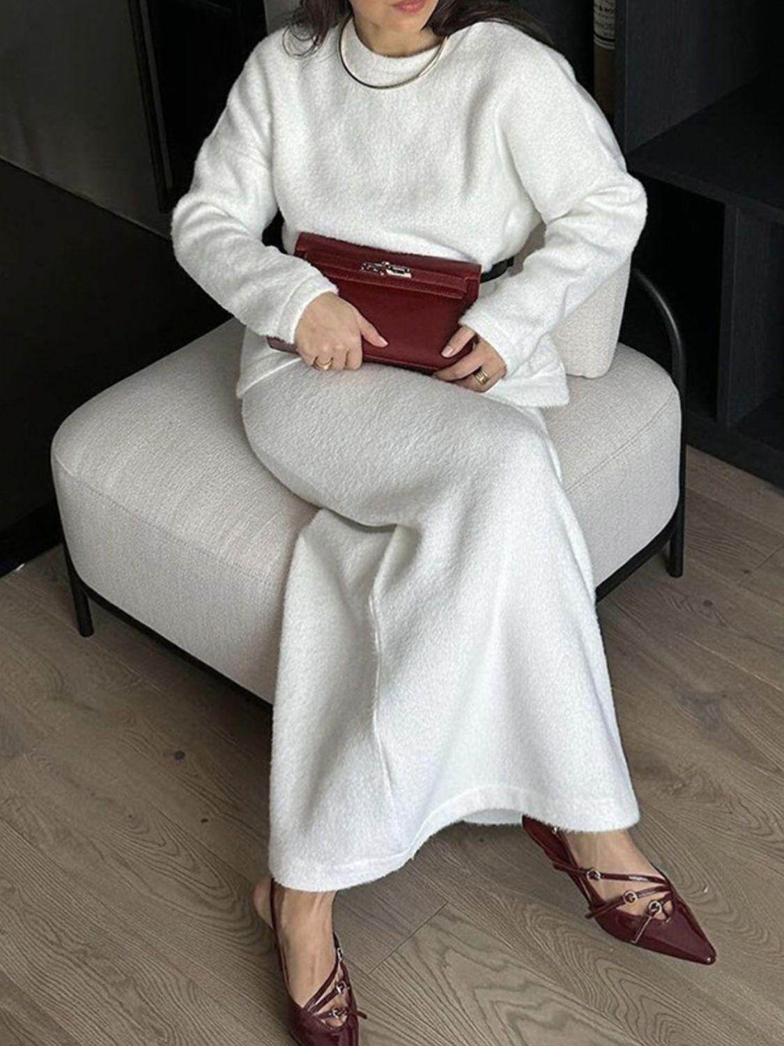 Round Neck Dropped Shoulder Top and Midi Skirt Sweater Set - Selvanelle