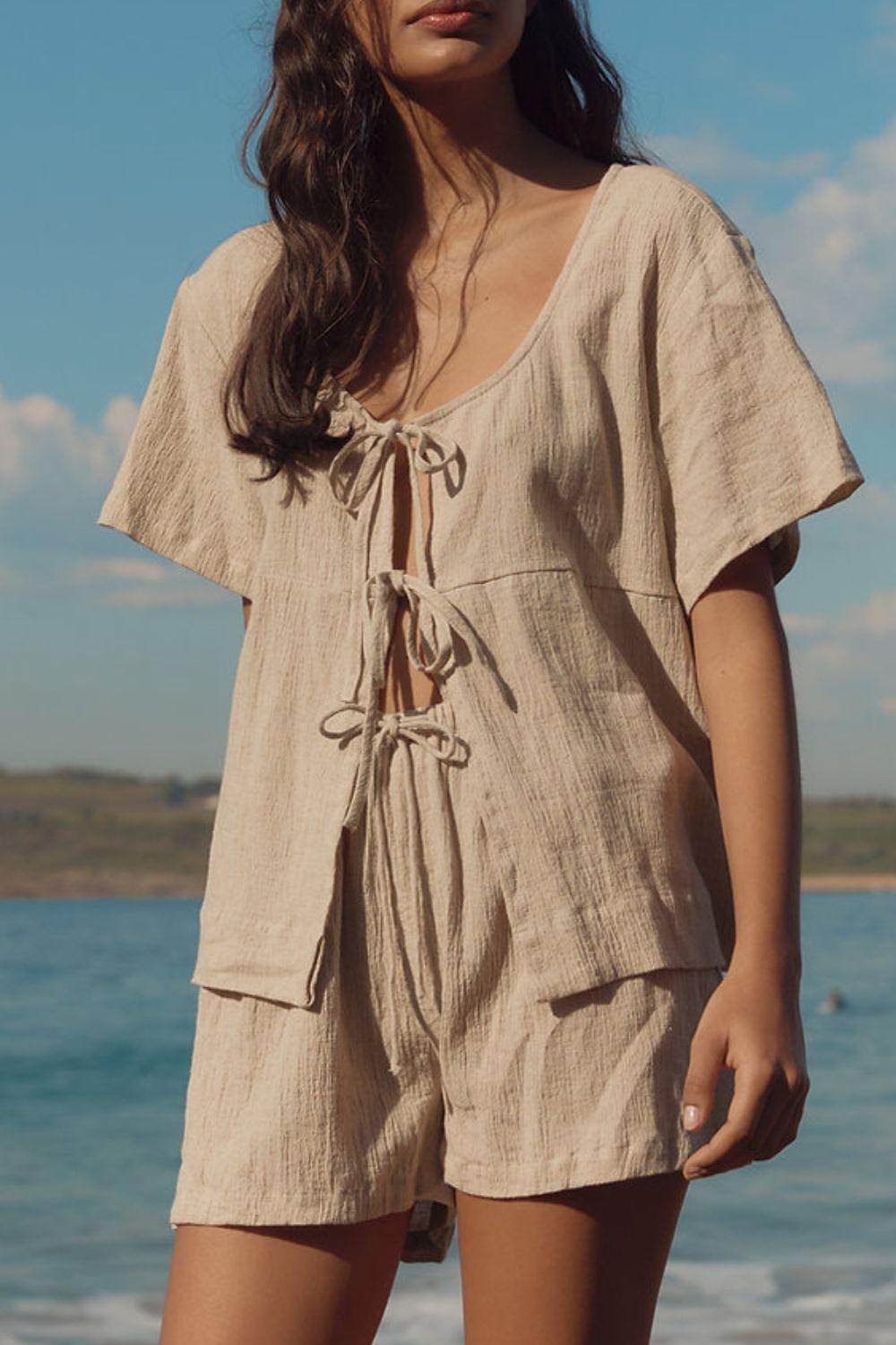 Plaid Tied Scoop Neck Short Sleeve Top and Drawstring Shorts Set - Selvanelle