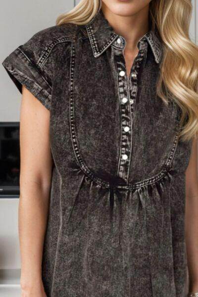 Half Snap Cap Sleeve Denim Dress for Women Stylish Fit - Selvanelle