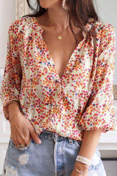 Printed Notched Long Sleeve Shirt for Stylish Comfort - Selvanelle