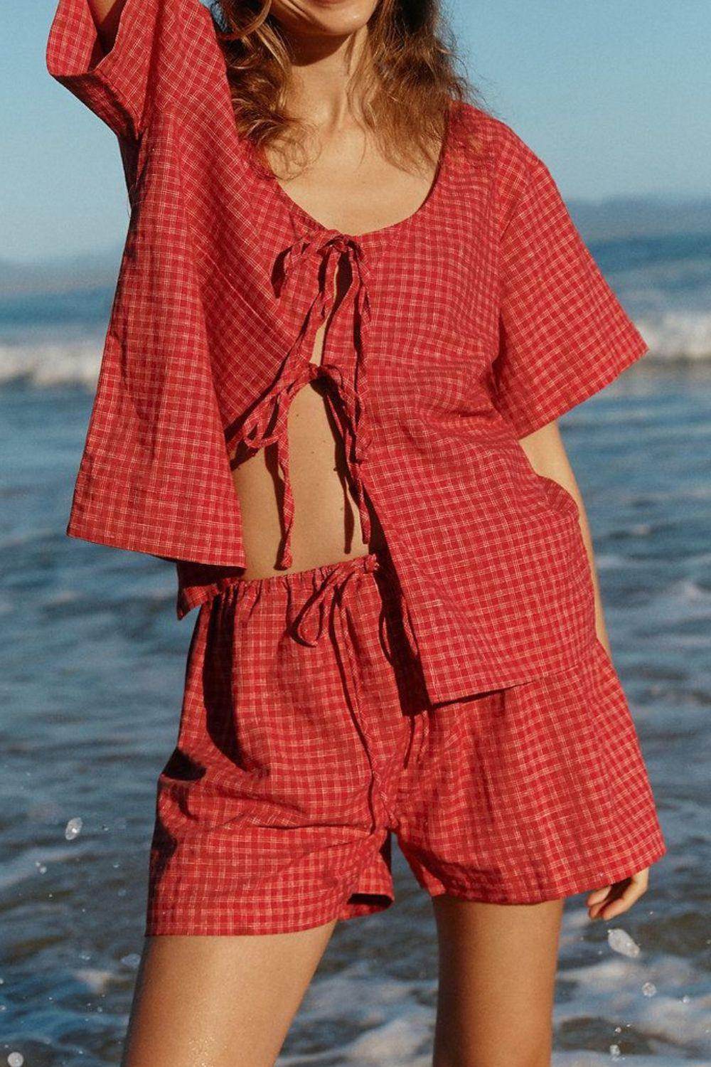 Plaid Tied Scoop Neck Short Sleeve Top and Drawstring Shorts Set - Selvanelle