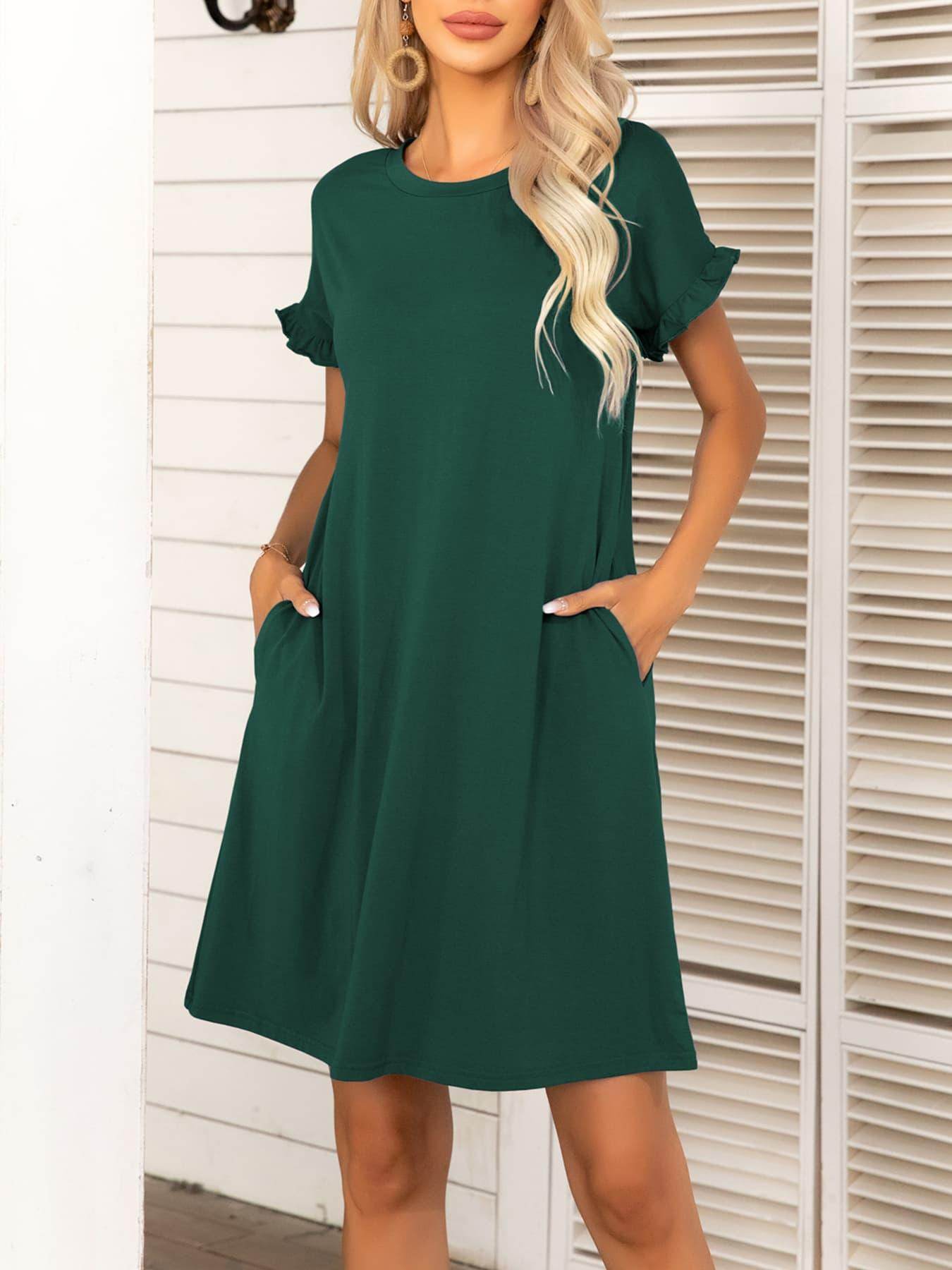 Round Neck Flounce Sleeve Dress with Pockets for Women - Selvanelle
