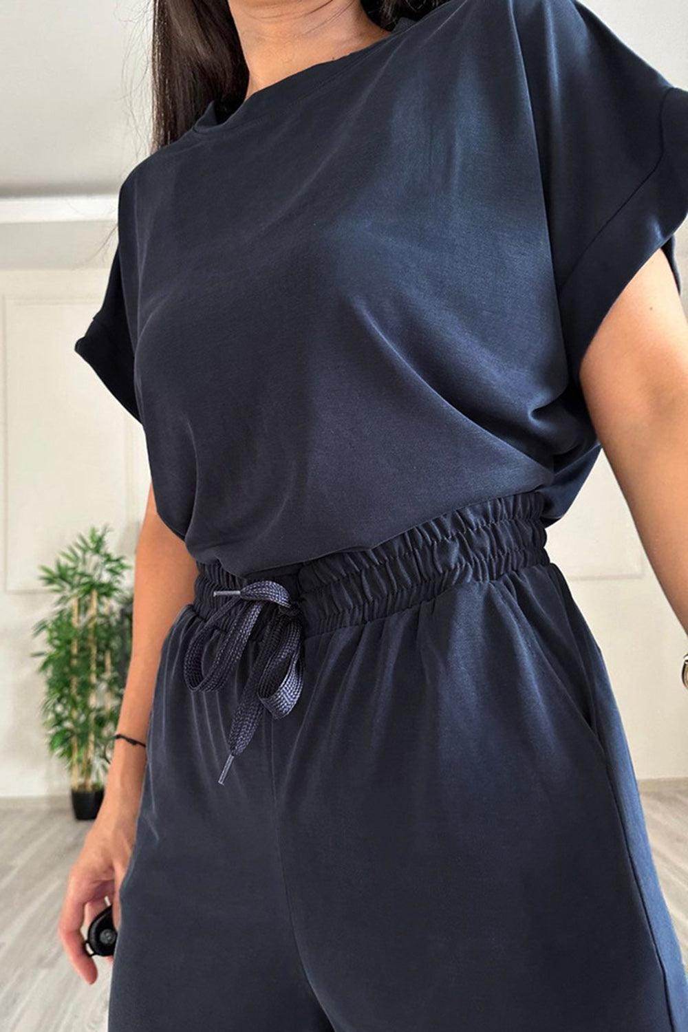 Round Neck Short Sleeve Top and Drawstring Pants Set for Women - Selvanelle