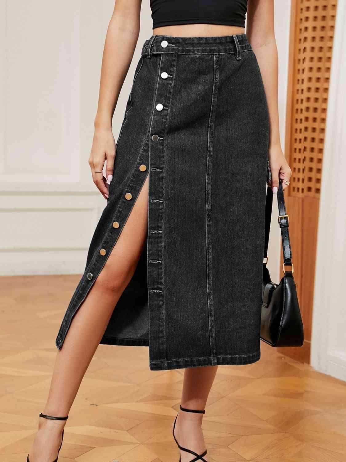 Button Down Midi Denim Skirt with Pockets and Button Detail - Selvanelle