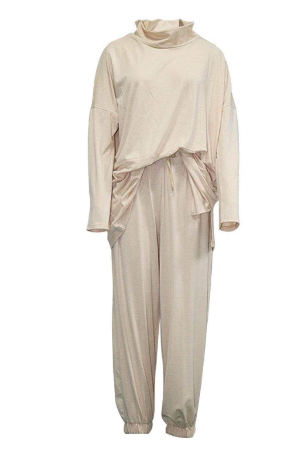 Mock Neck Drop Shoulder Top and Pants Set for Women - Selvanelle