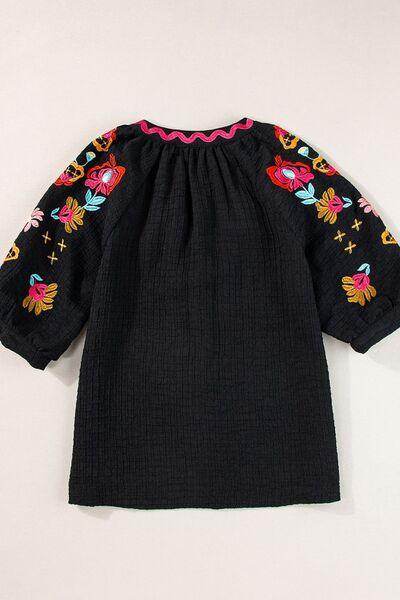 Floral Embroidered Notched Puff Sleeve Blouse for Women - Selvanelle