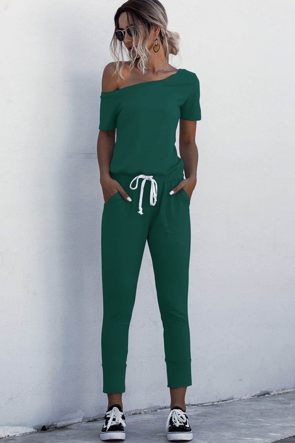 Asymmetrical Neck Tied Jumpsuit with Pockets - Selvanelle