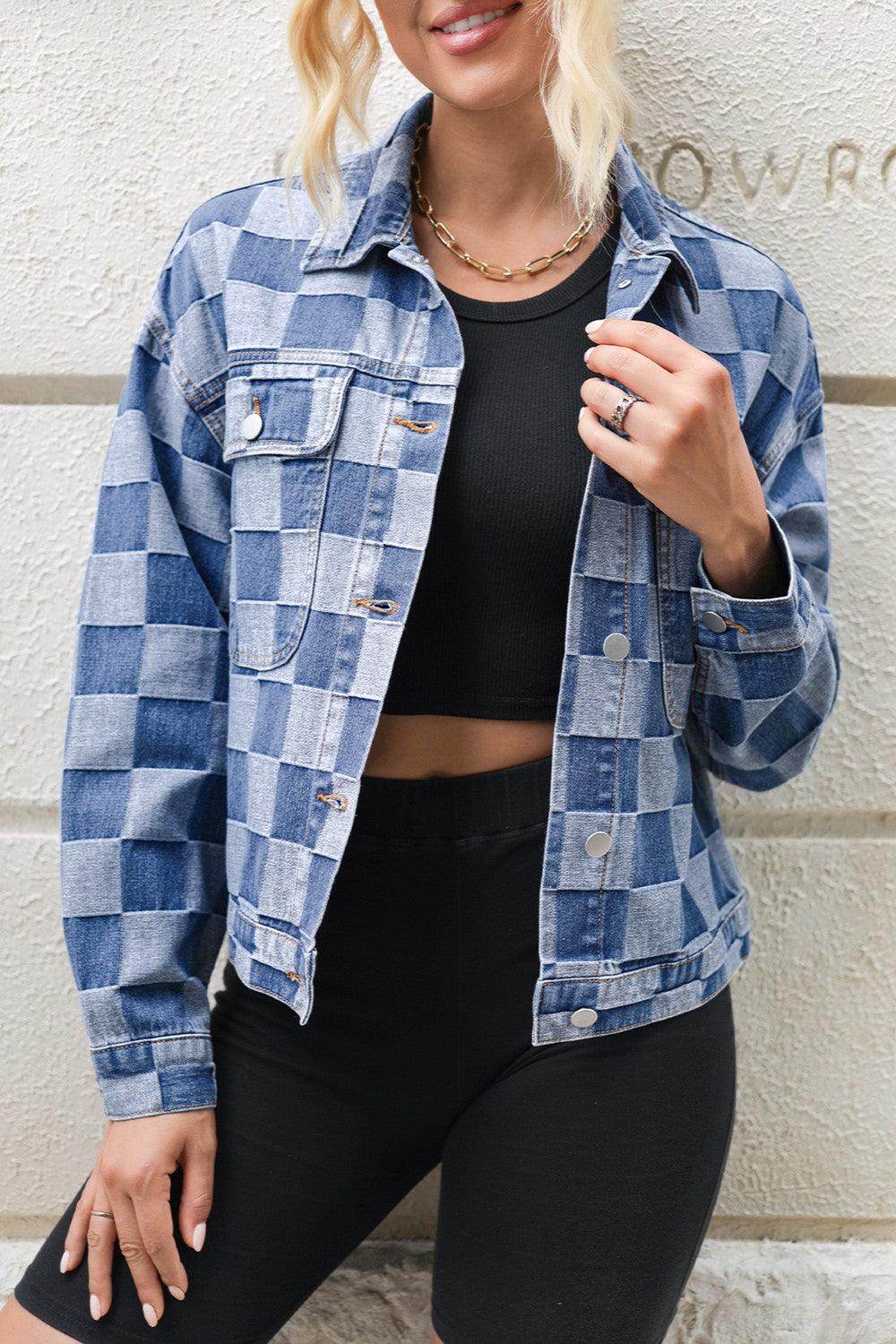 Checkered Button Up Long Sleeve Denim Jacket for Women - Selvanelle
