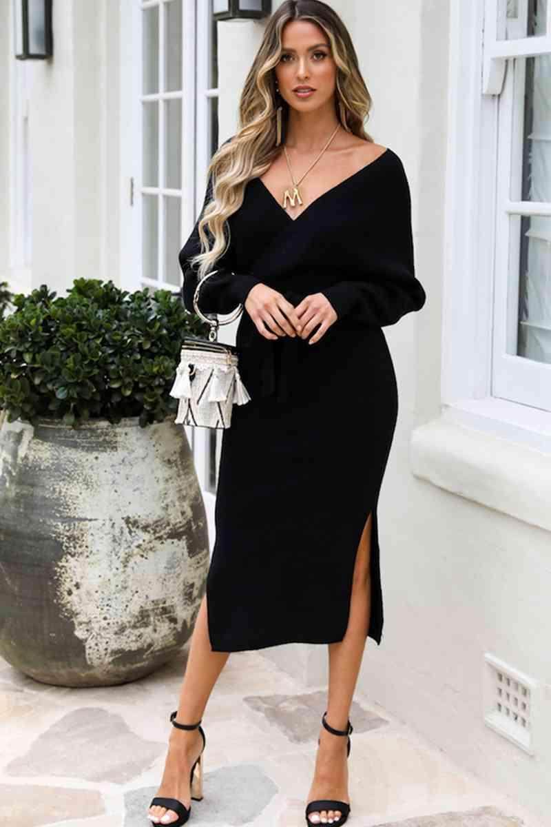 Surplice Neck Bow Waist Slit Sweater Dress for Women - Selvanelle