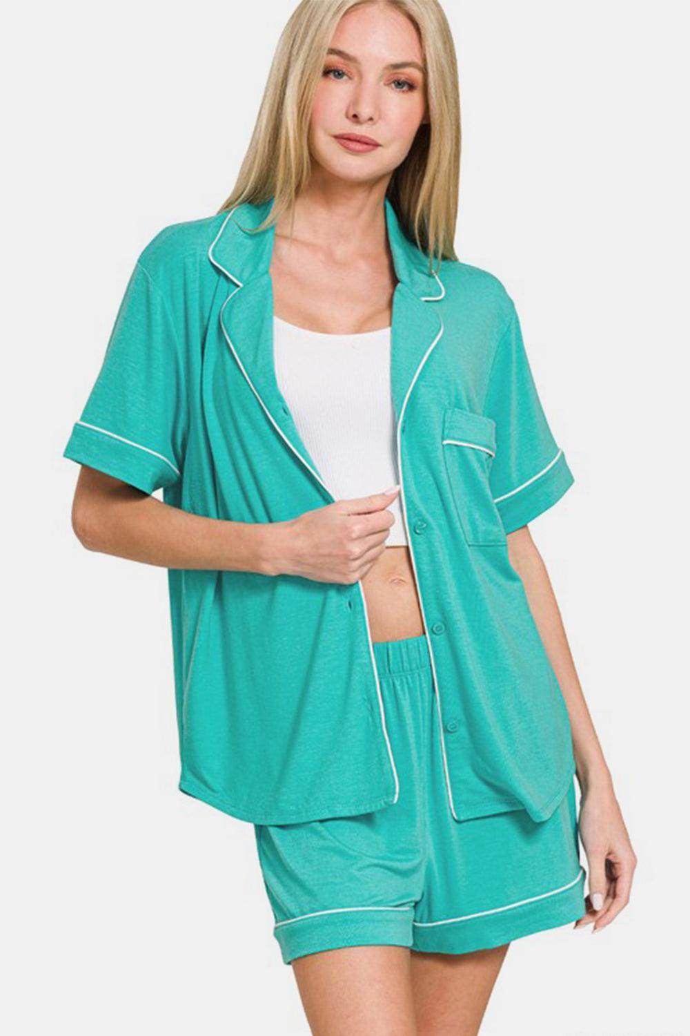 Zenana Button Down Short Sleeve Top and Shorts Lounge Set - Selvanelle
