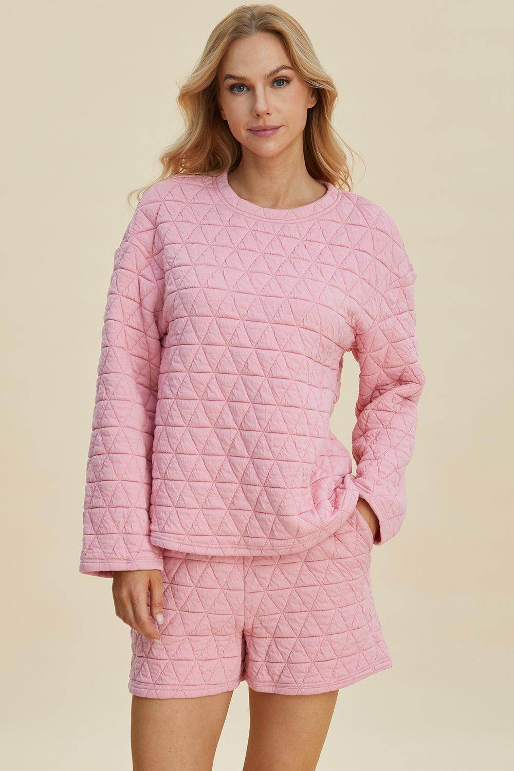 Double Take Full Size Texture Round Neck Long Sleeve Top and Shorts Set for Women - Selvanelle