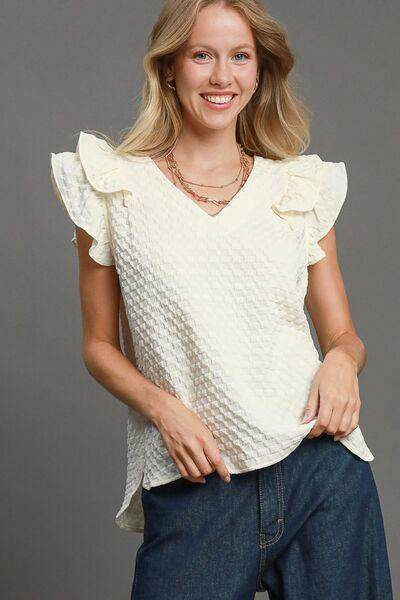 Umgee Full Size Textured Jacquard V-Neck Ruffle Blouse - Selvanelle