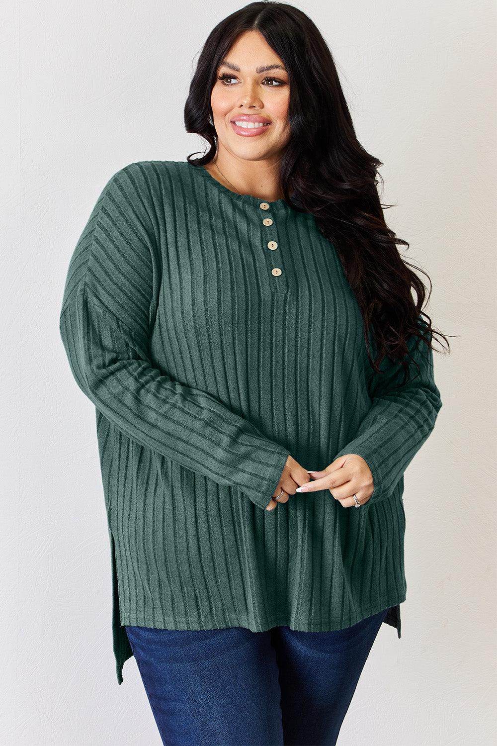 Basic Bae Full Size Ribbed Half Button Long Sleeve T-Shirt - Selvanelle
