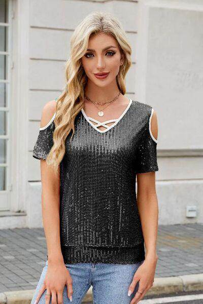Sequin Crisscross V-Neck Cold Shoulder Blouse for Women - Selvanelle