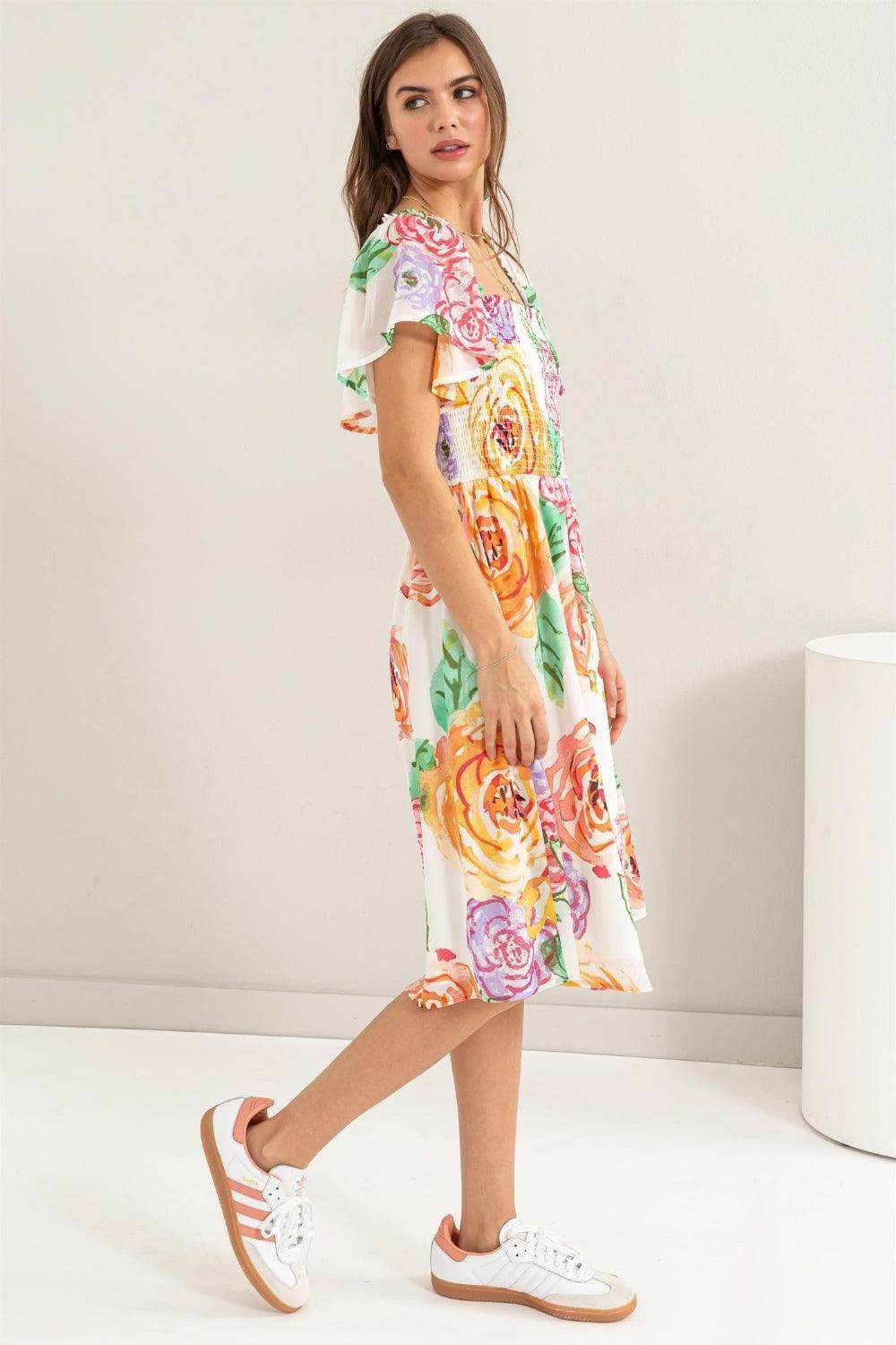 HYFVE Floral Flutter Sleeve Smocked Dress for Women - Selvanelle