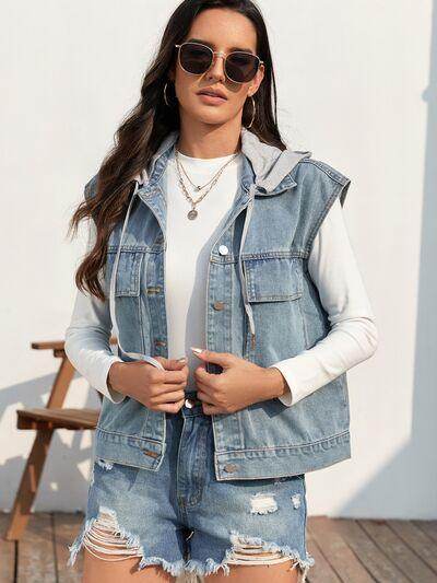 Drawstring Button Up Sleeveless Denim Jacket for Women - Selvanelle