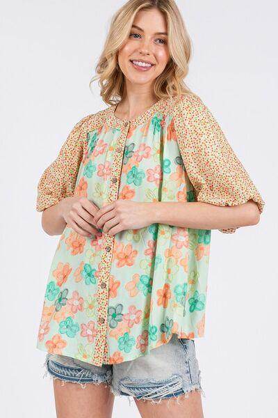SAGE+FIG Button Down Bubble Sleeves Shirt for Women - Selvanelle