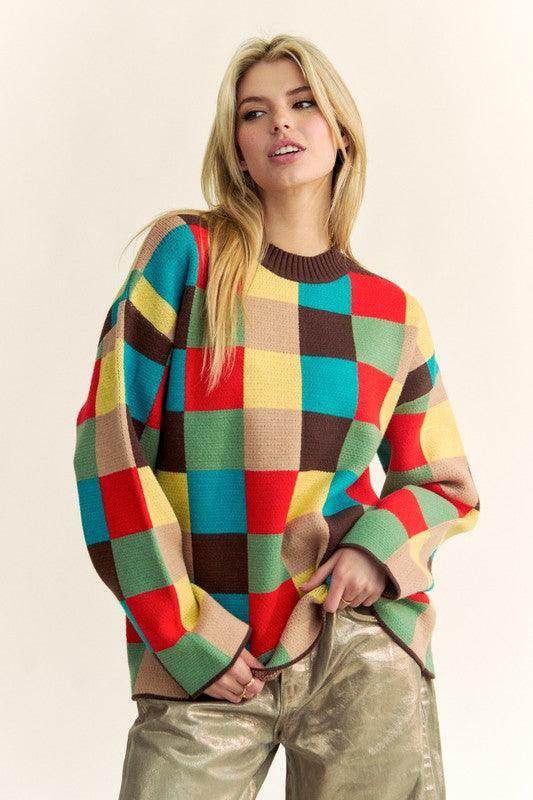 Davi & Dani Color Block Checkered Dropped Shoulder Sweater - Selvanelle