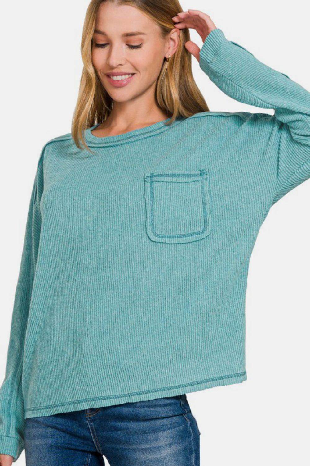 Zenana Full Size Contrast Stitching Brushed Ribbed Hacci Knit Top Plus Size - Selvanelle