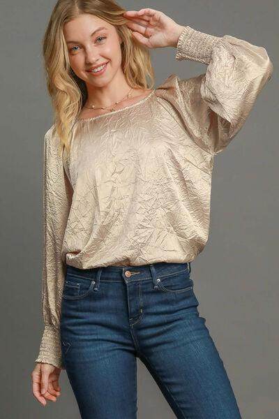 Umgee Wrinkled Round Neck Lantern Sleeve Blouse for Women - Selvanelle