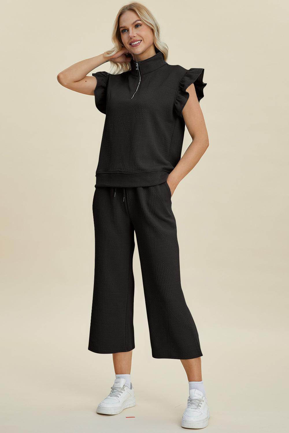 Double Take Full Size Texture Ruffle Top and Pants Set - Selvanelle