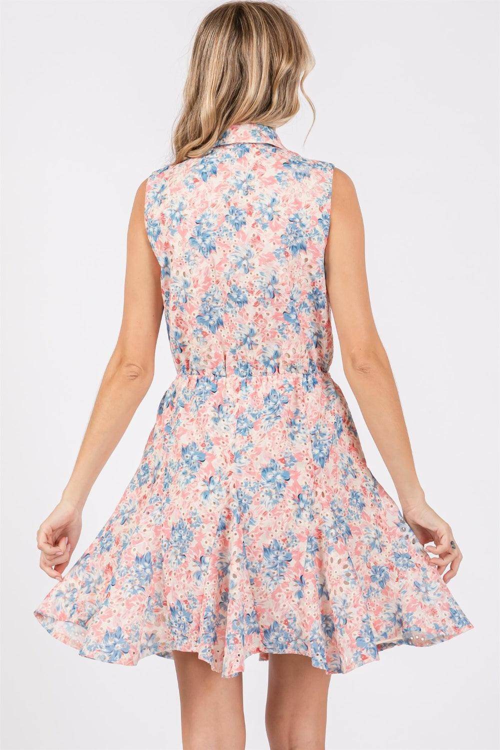 GeeGee Full Size Floral Eyelet Sleeveless Mini Dress for Summer - Selvanelle